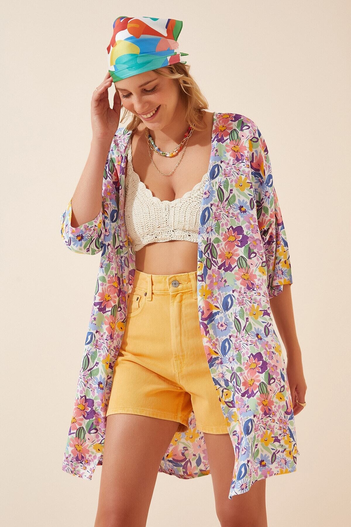 Kadın Canlı Mavi Desenli Viskon Kimono HZL21S-5832