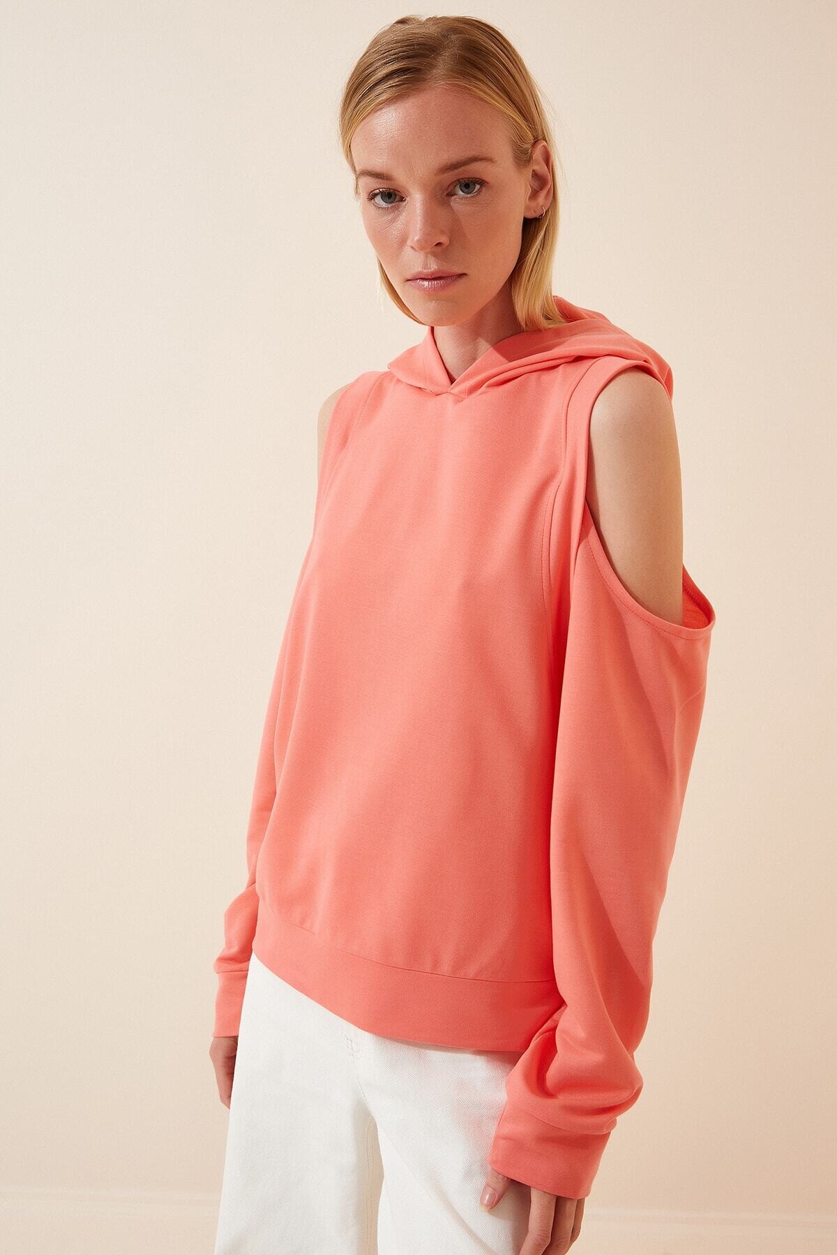 Kadın Canlı Somon Kapüşonlu Pencereli Mevsimlik Sweatshirt HZL22W-BD1237