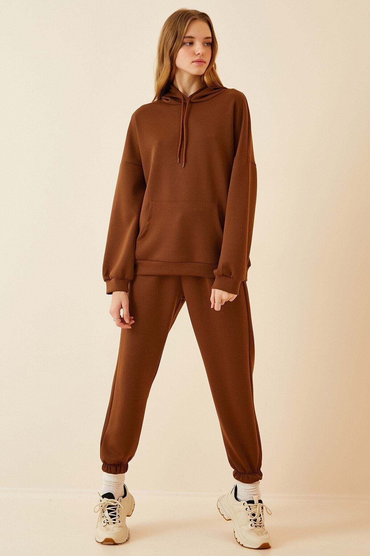 Kadın Çikolata Kapüşonlu Kanguru Cepli Bileği Lastikli Eşofman Takımı HZL22w-BD1553771