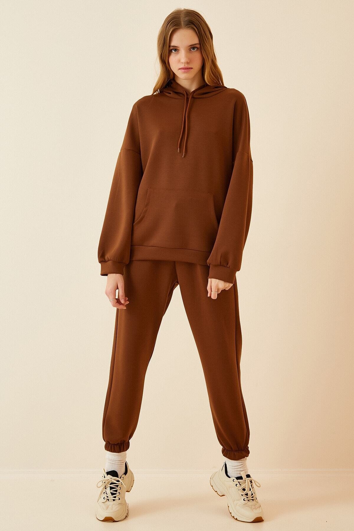 Kadın Çikolata Kapüşonlu Kanguru Cepli Bileği Lastikli Eşofman Takımı HZL22w-BD1553771