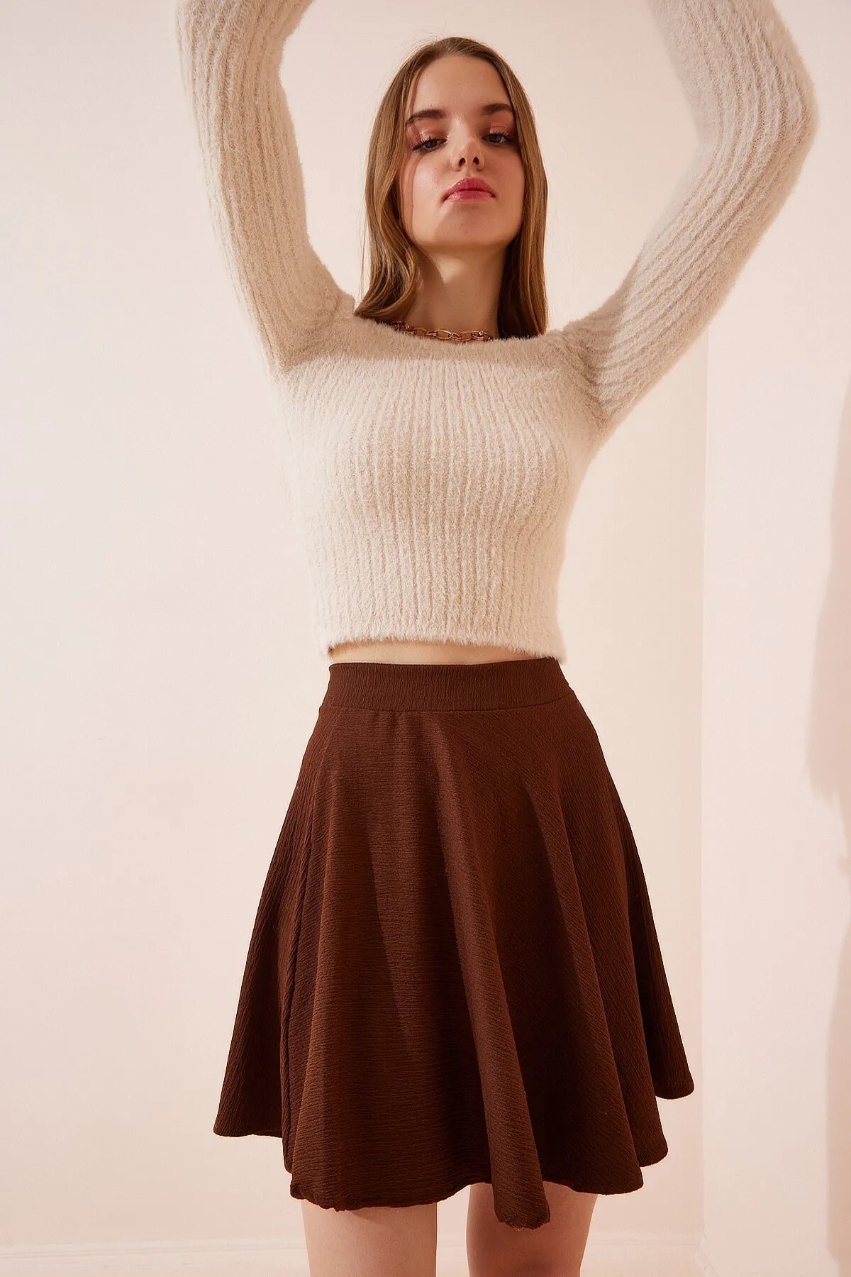 Kadın Çikolata Pileli Mini Örme Etek HZL23S-BD118851