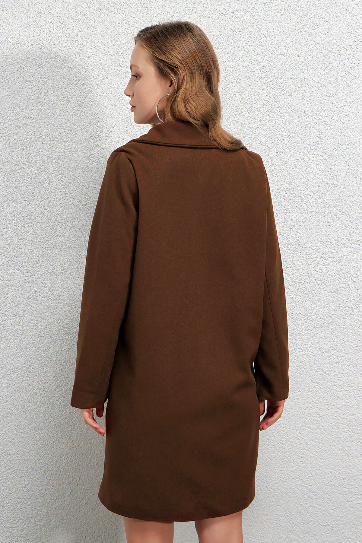 Kadın Çikolata Tek Düğmeli Çift Cepli Astarlı Şık Kaşe Kaban HZL23W-BD190851