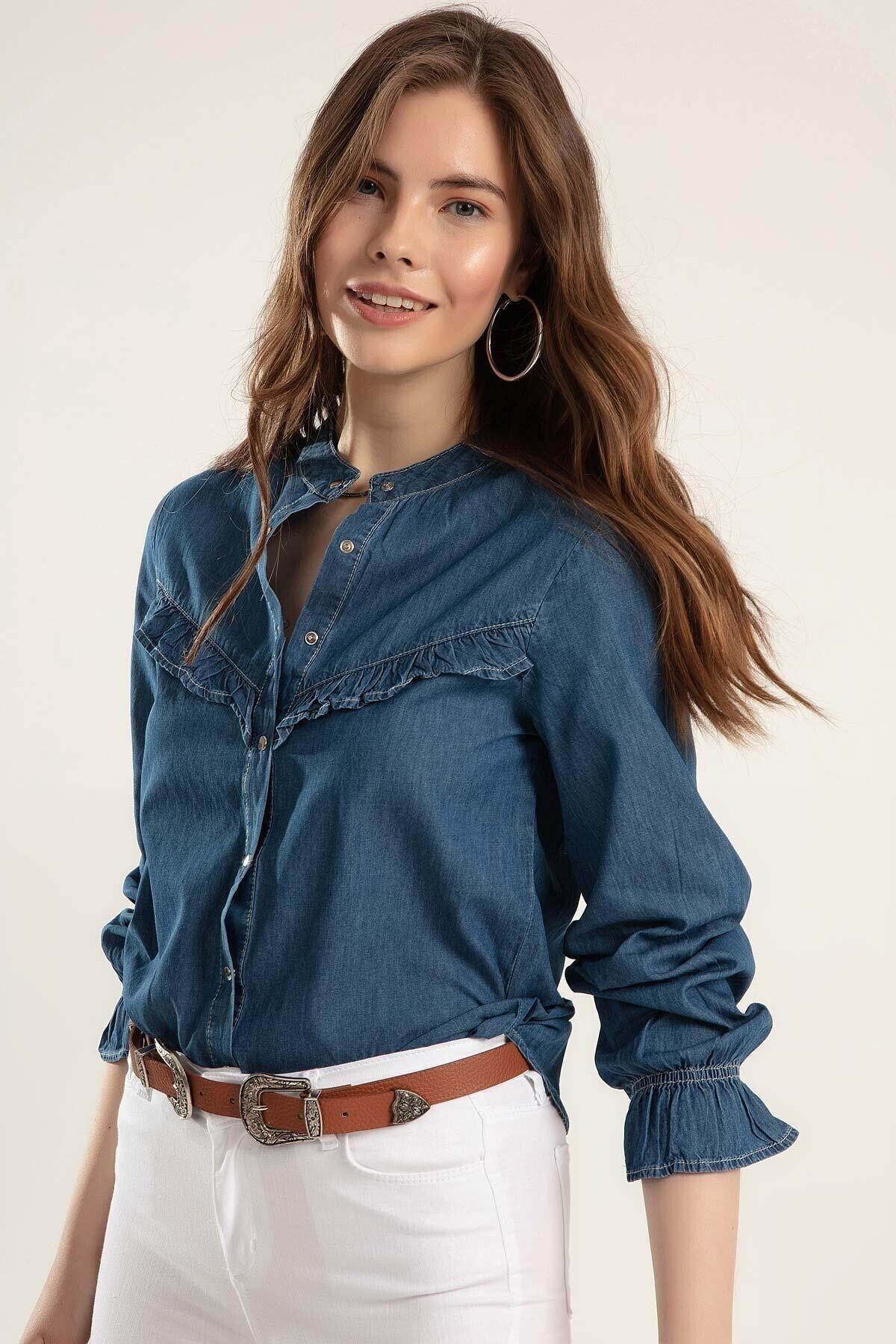 Kadın Denim Hakim Yaka Fırfırlı Uzun Kollu Kot Gömlek HZL22W-BD137991