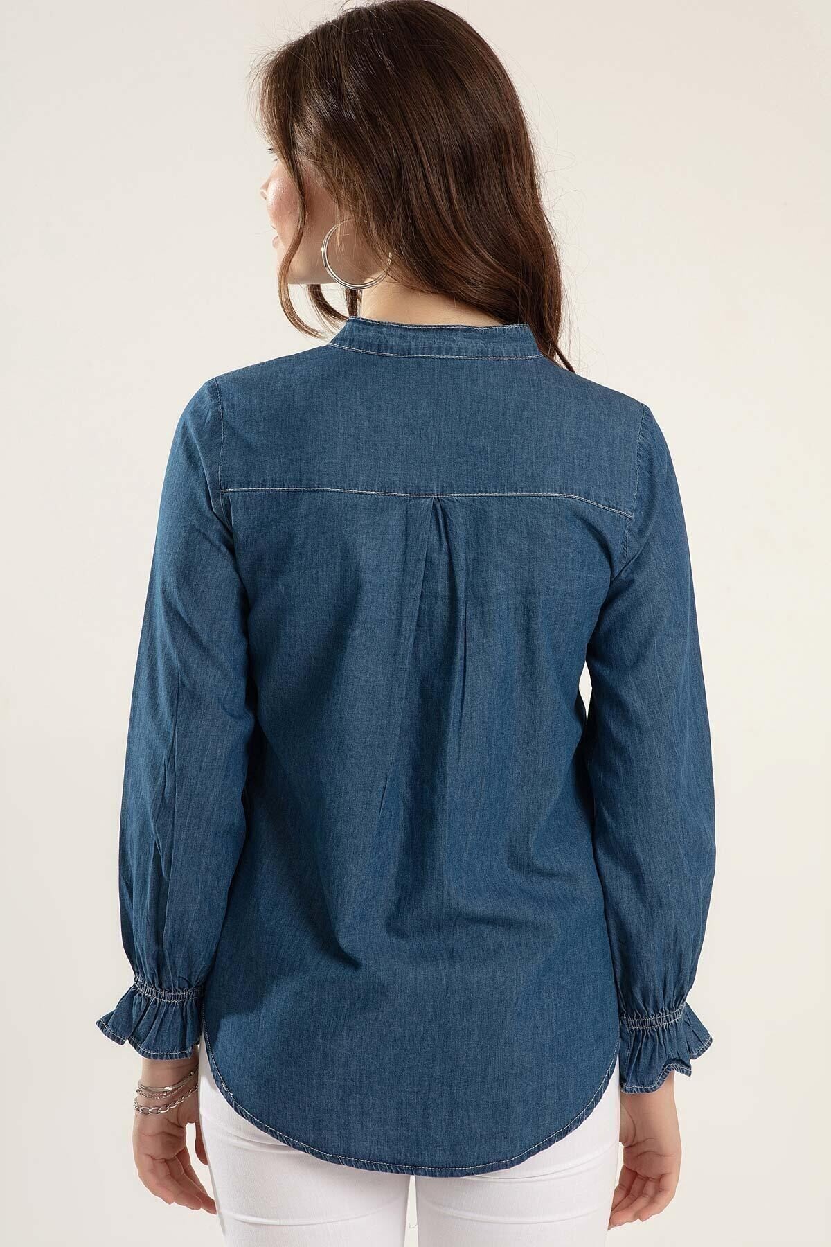 Kadın Denim Hakim Yaka Fırfırlı Uzun Kollu Kot Gömlek HZL22W-BD137991
