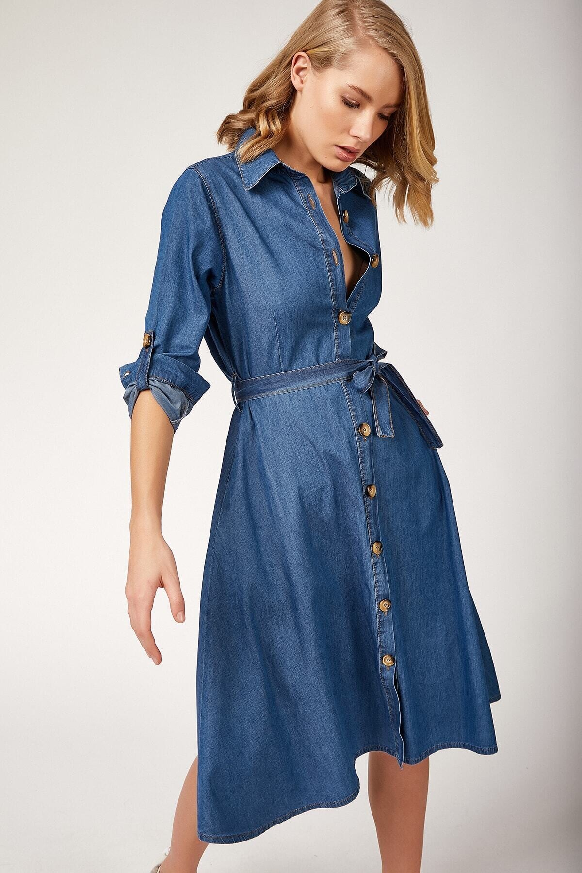 Kadın Denim Kuşaklı Kemerli Kot Uzun Kollu Jean Gömlek Elbise  HZL22W-BD119241