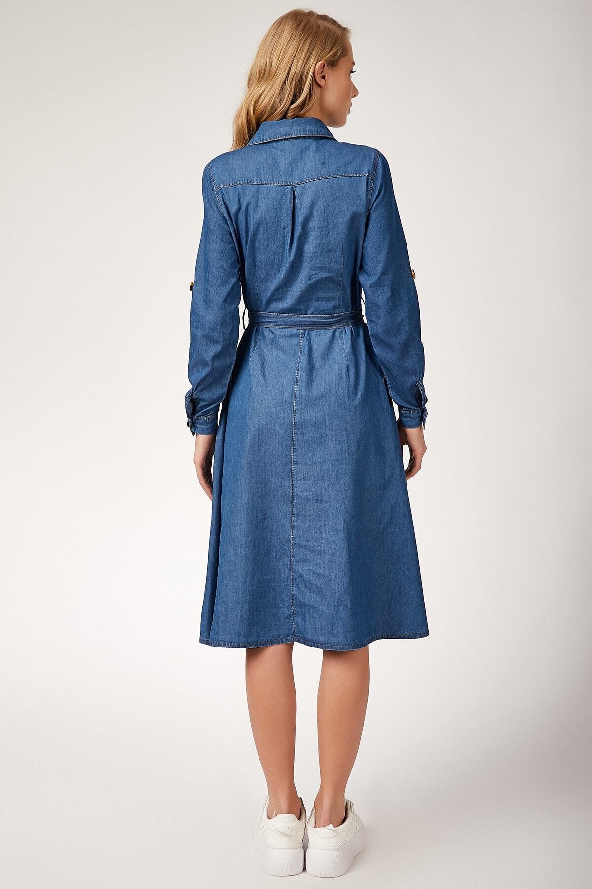 Kadın Denim Kuşaklı Kemerli Kot Uzun Kollu Jean Gömlek Elbise  HZL22W-BD119241