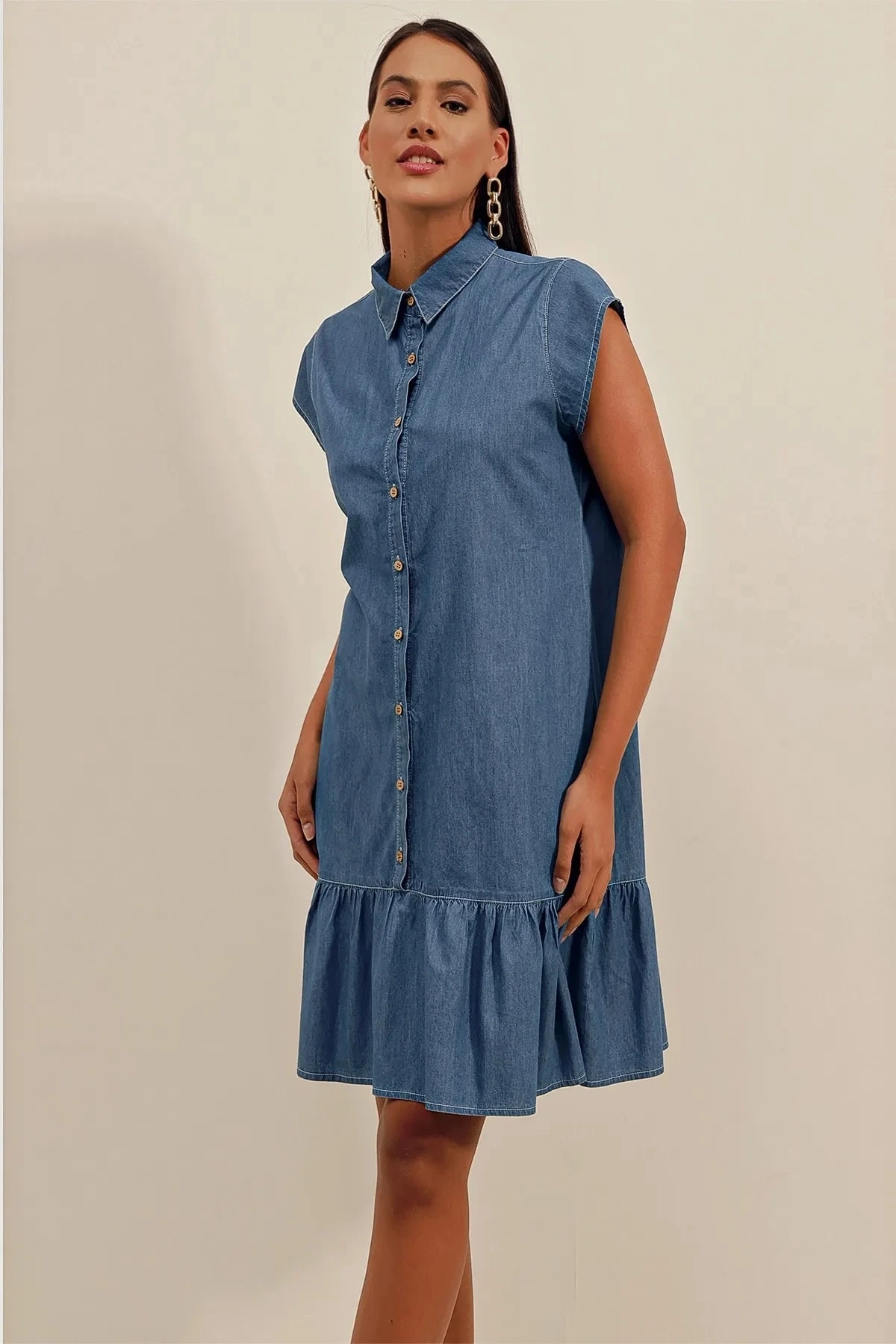 Kadın Denim Sıfır Kol Düğmeli Kot Elbise HZL23S-BD123731