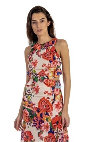 KADIN DESENLİ MİDİ ASTARLI İKİ YANDAN DEKOLTELİ ELBİSE ÇOK RENKLİ HZL21S-110381