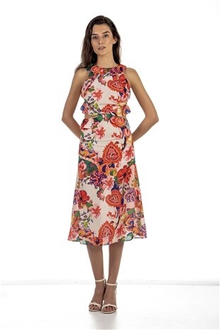 KADIN DESENLİ MİDİ ASTARLI İKİ YANDAN DEKOLTELİ ELBİSE ÇOK RENKLİ HZL21S-110381