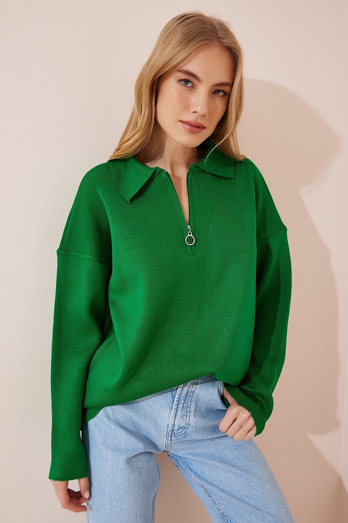 Kadın Yeşil  Polo Yaka Fermuarlı Oversize Triko Kazak  HZL23W-BD1101441