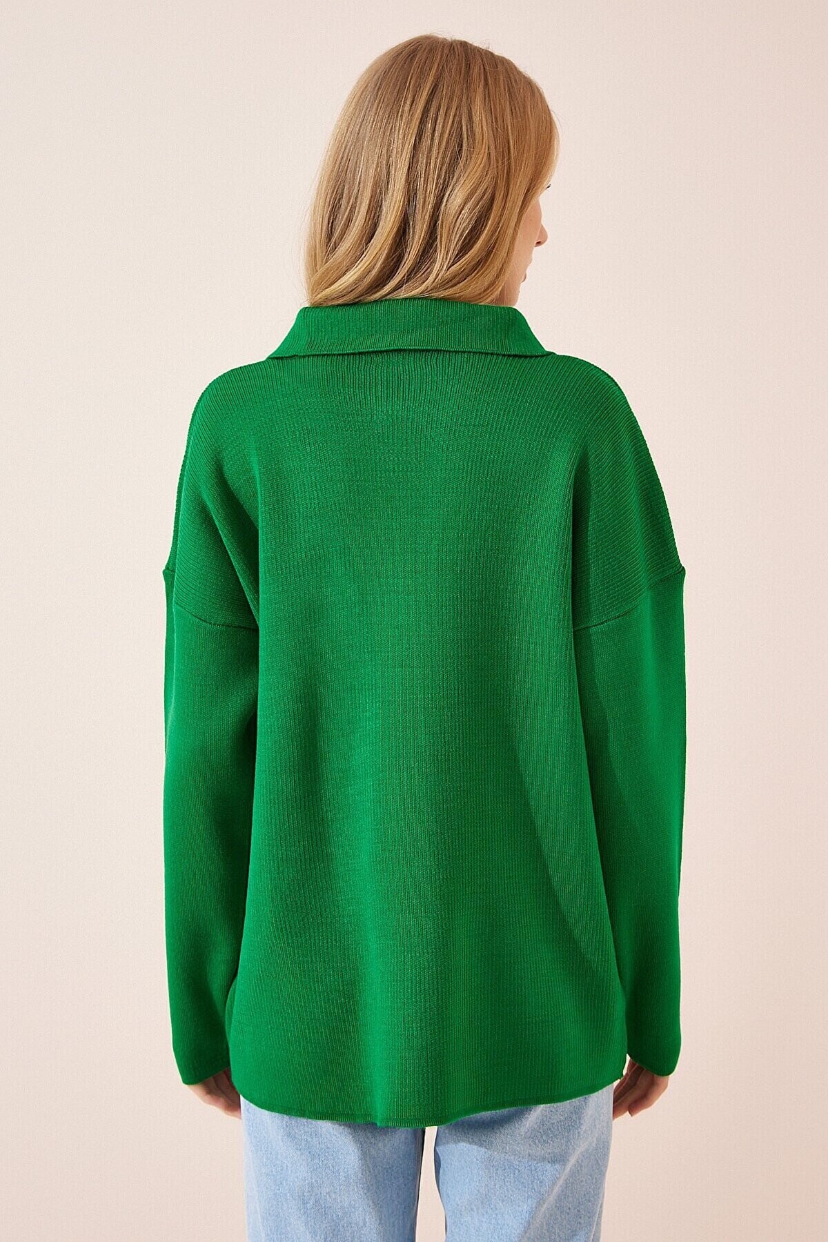 Kadın Yeşil  Polo Yaka Fermuarlı Oversize Triko Kazak  HZL23W-BD1101441