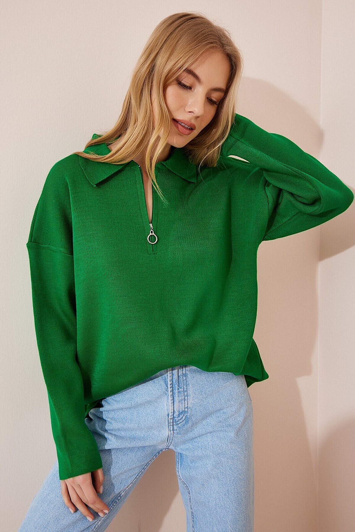 Kadın Yeşil  Polo Yaka Fermuarlı Oversize Triko Kazak  HZL23W-BD1101441