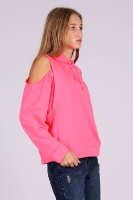 Kadın Fosforlu Pembe Kapüşonlu Pencereli Mevsimlik Sweatshirt HZL22W-BD1237