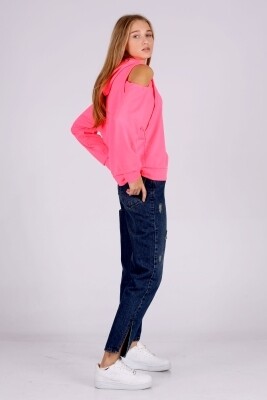 Kadın Fosforlu Pembe Kapüşonlu Pencereli Mevsimlik Sweatshirt HZL22W-BD1237