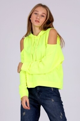 Kadın Fosforlu Sarı Kapüşonlu Pencereli Mevsimlik Sweatshirt HZL22W-BD1237