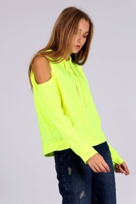 Kadın Fosforlu Sarı Kapüşonlu Pencereli Mevsimlik Sweatshirt HZL22W-BD1237