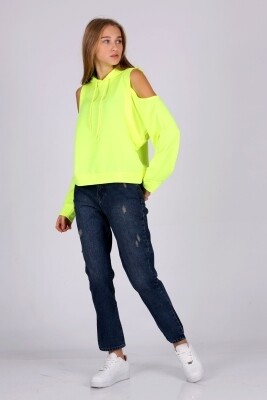 Kadın Fosforlu Sarı Kapüşonlu Pencereli Mevsimlik Sweatshirt HZL22W-BD1237