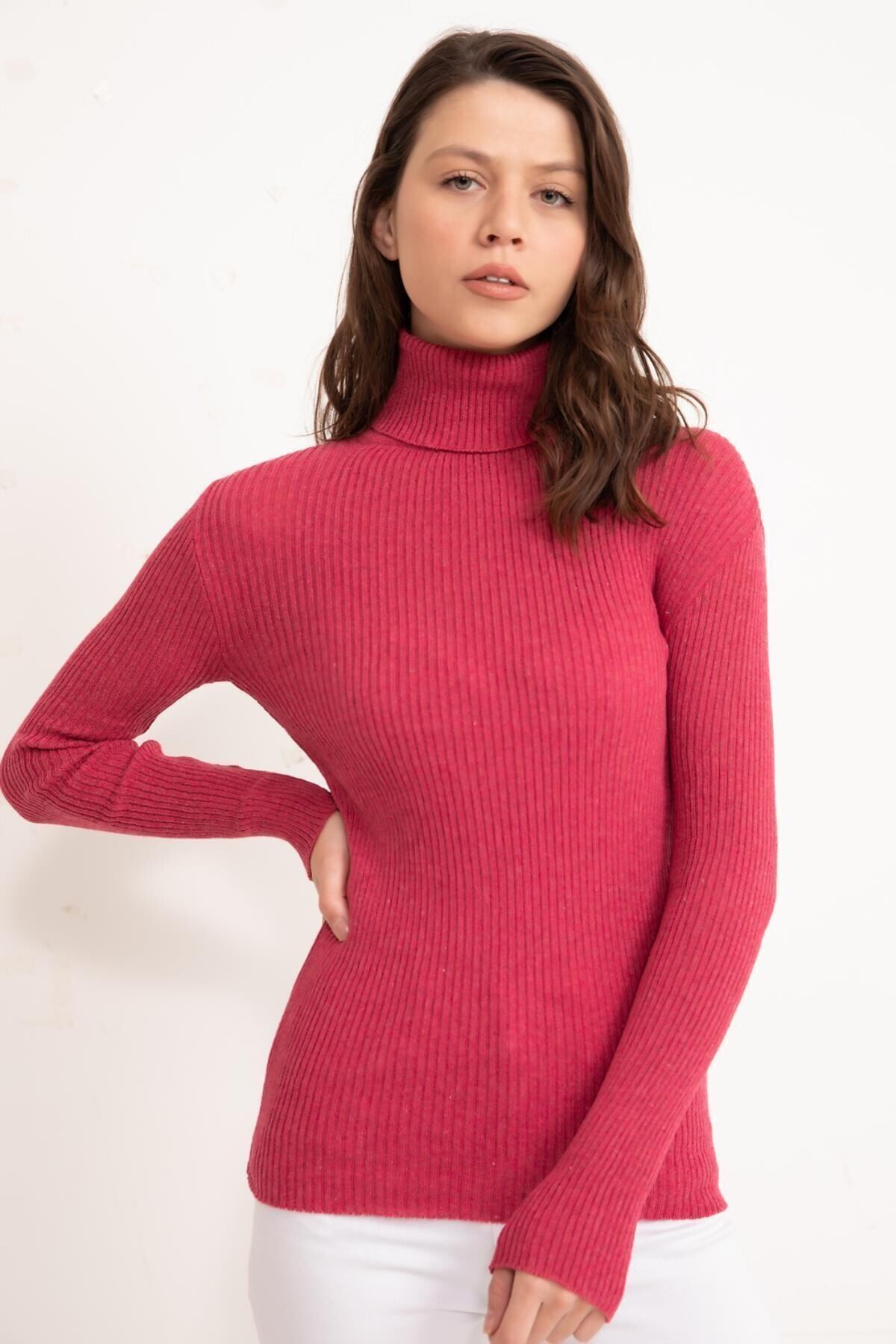 Kadın Fuşya Boğazlı Fitilli Triko Kazak HZL22W-H100011