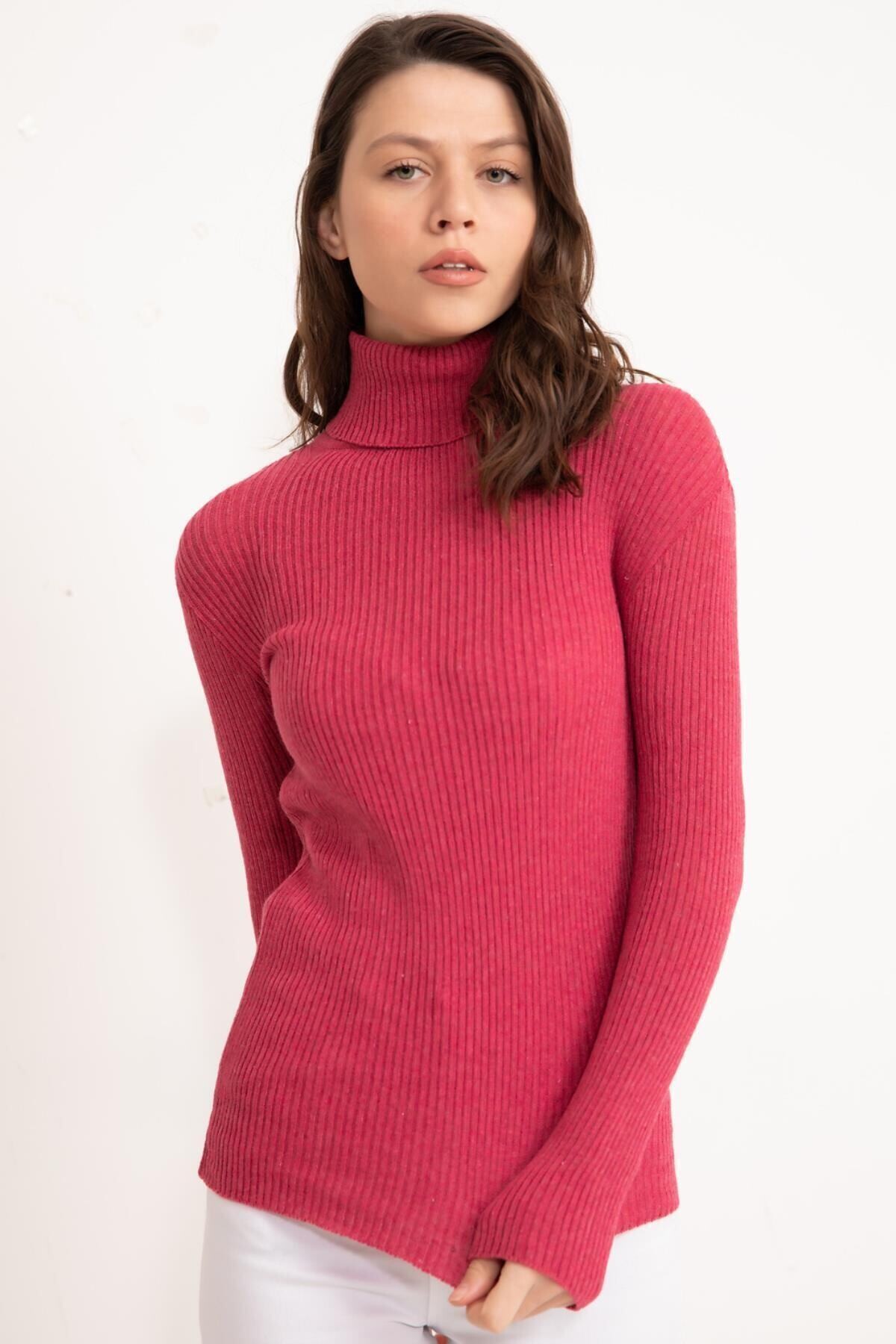 Kadın Fuşya Boğazlı Fitilli Triko Kazak HZL22W-H100011