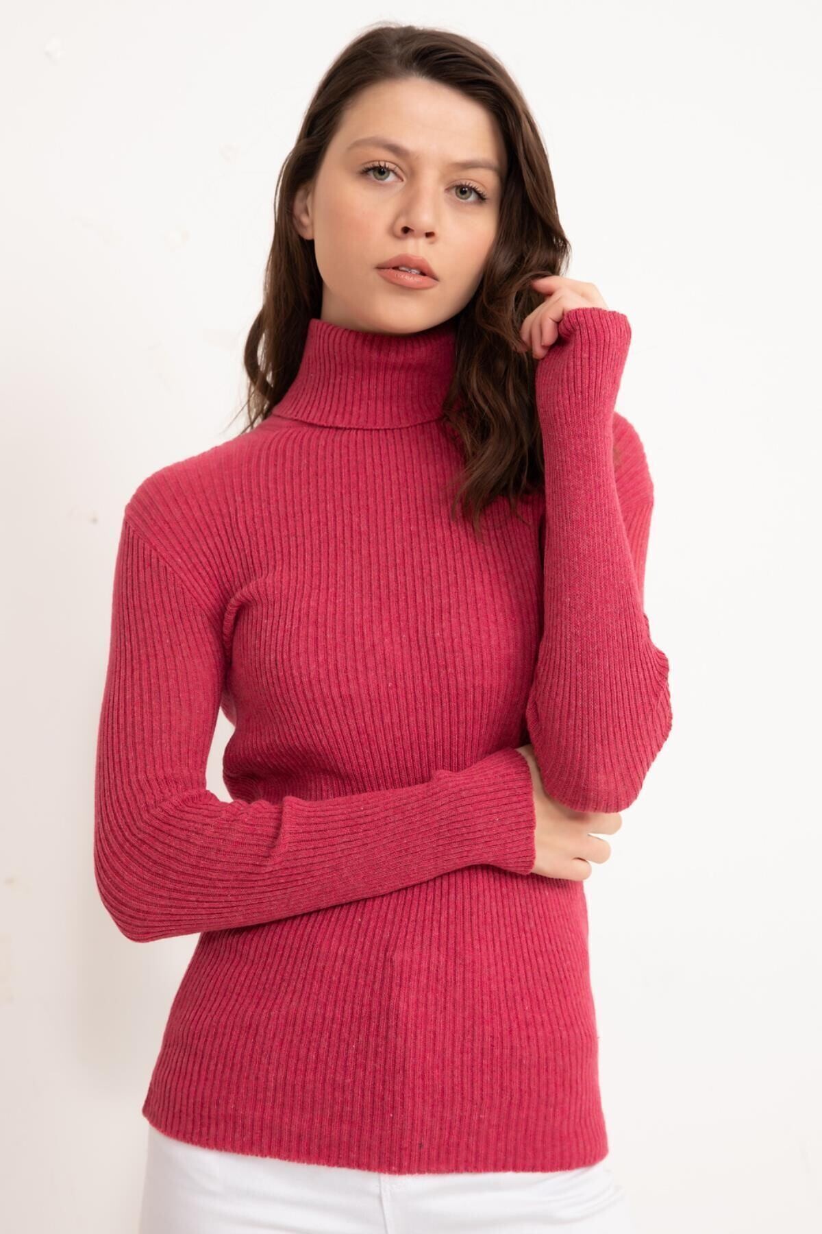 Kadın Fuşya Boğazlı Fitilli Triko Kazak HZL22W-H100011