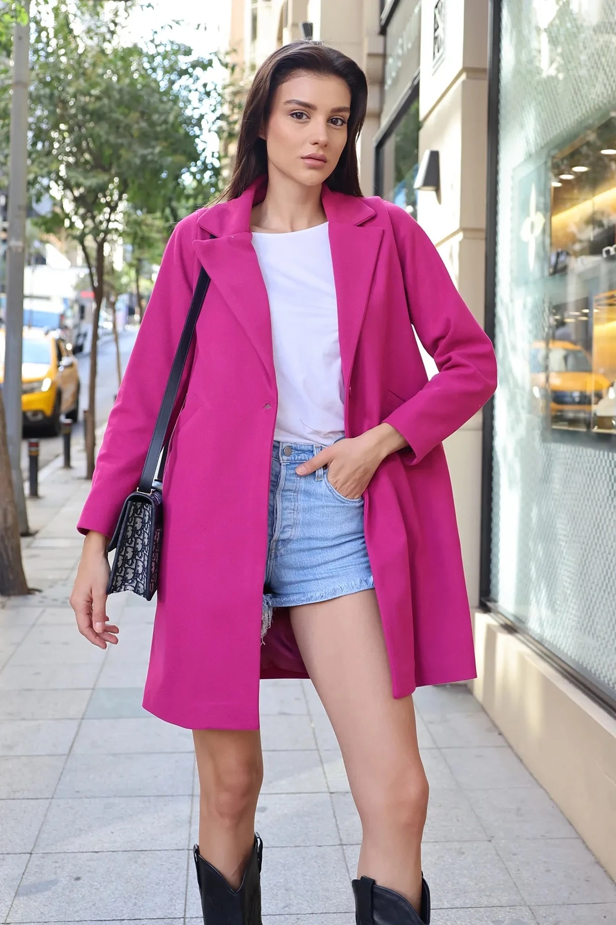 Kadın Fuşya Tek Düğmeli Çift Cepli Astarlı Şık Kaşe Kaban HZL23W-BD190851