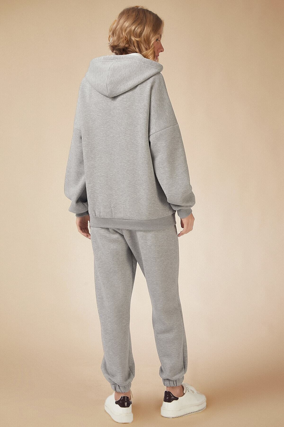 Kadın Gri Melanj Oversize Kapüşonlu Polarlı Eşofman Takımı HZL22W-BD1553231