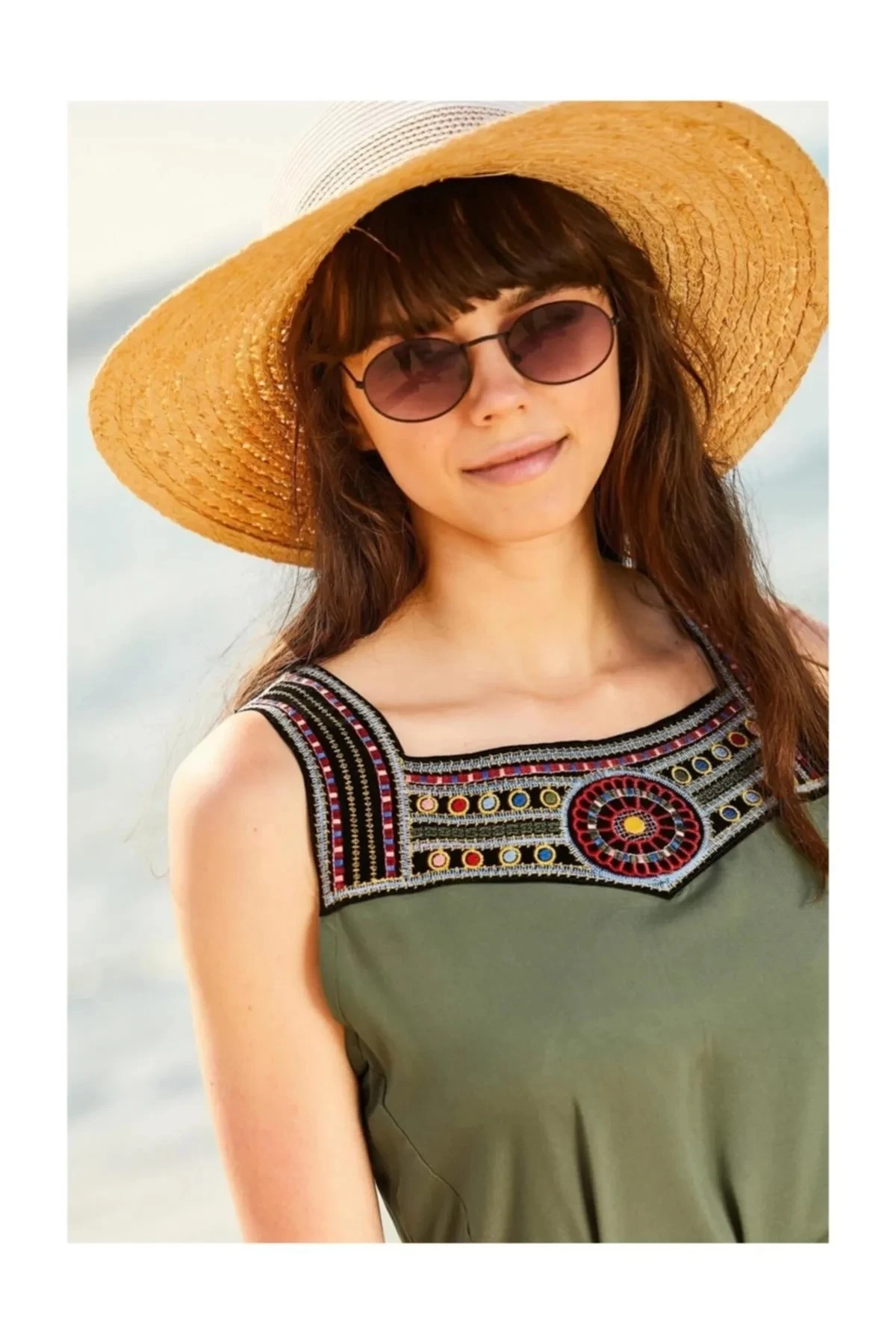 Kadın Haki Askılı Beli İp Bağlamalı Önü Nakış Detaylı Yazlık Örme Elbise HZL23S-BD124281