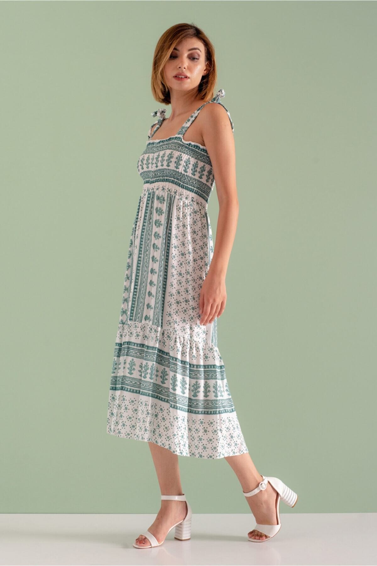 Kadın Haki Bağlamalı Askılı Desenli Yazlık Viskon Elbise HZL21S-2239