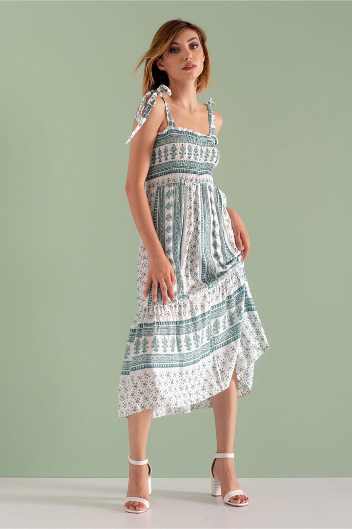 Kadın Haki Bağlamalı Askılı Desenli Yazlık Viskon Elbise HZL21S-2239