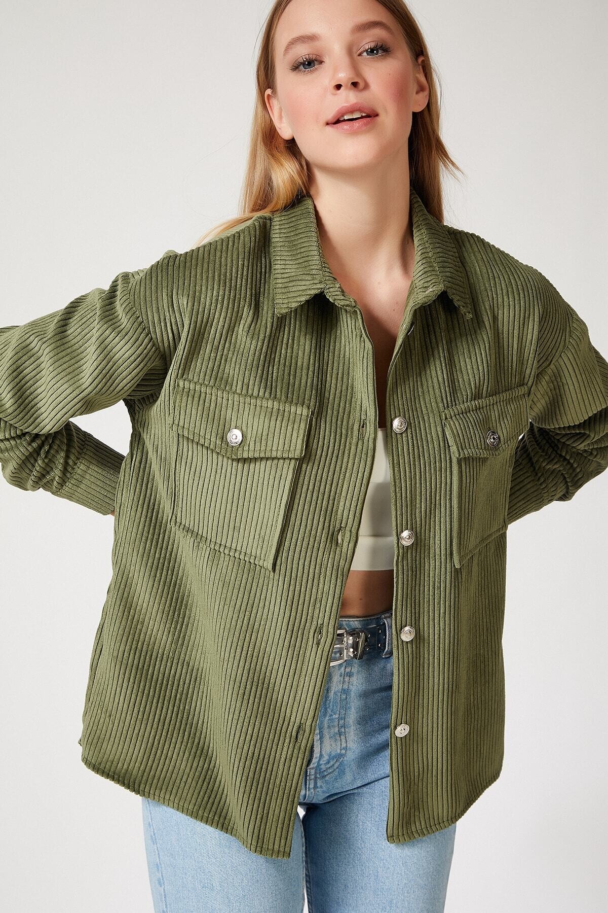 Kadın Haki Kadife Hafif Oversize Şık Gömlek HZL23W-BD138651