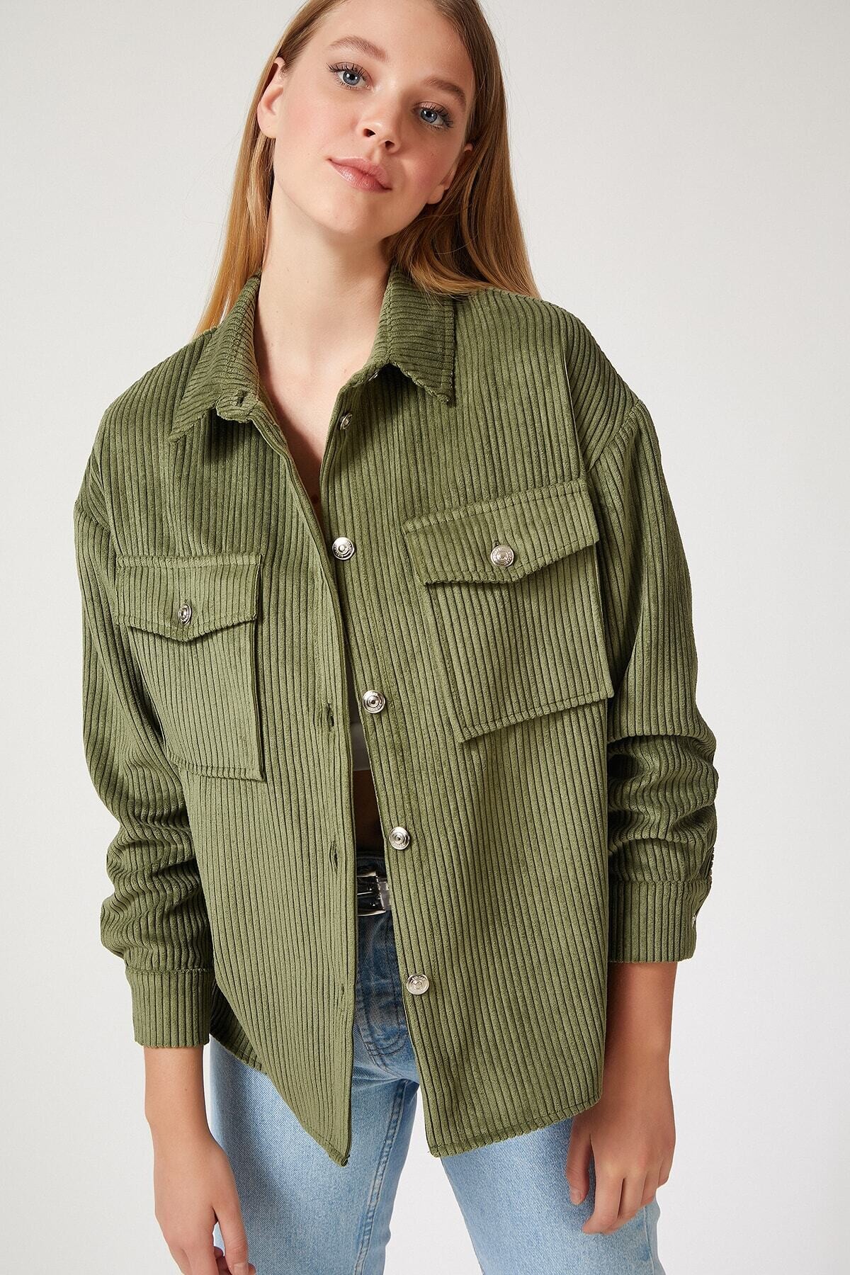 Kadın Haki Kadife Hafif Oversize Şık Gömlek HZL23W-BD138651