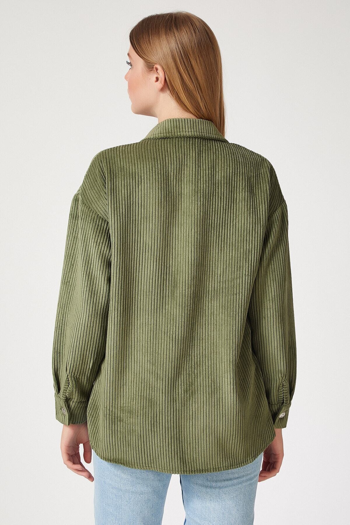 Kadın Haki Kadife Hafif Oversize Şık Gömlek HZL23W-BD138651