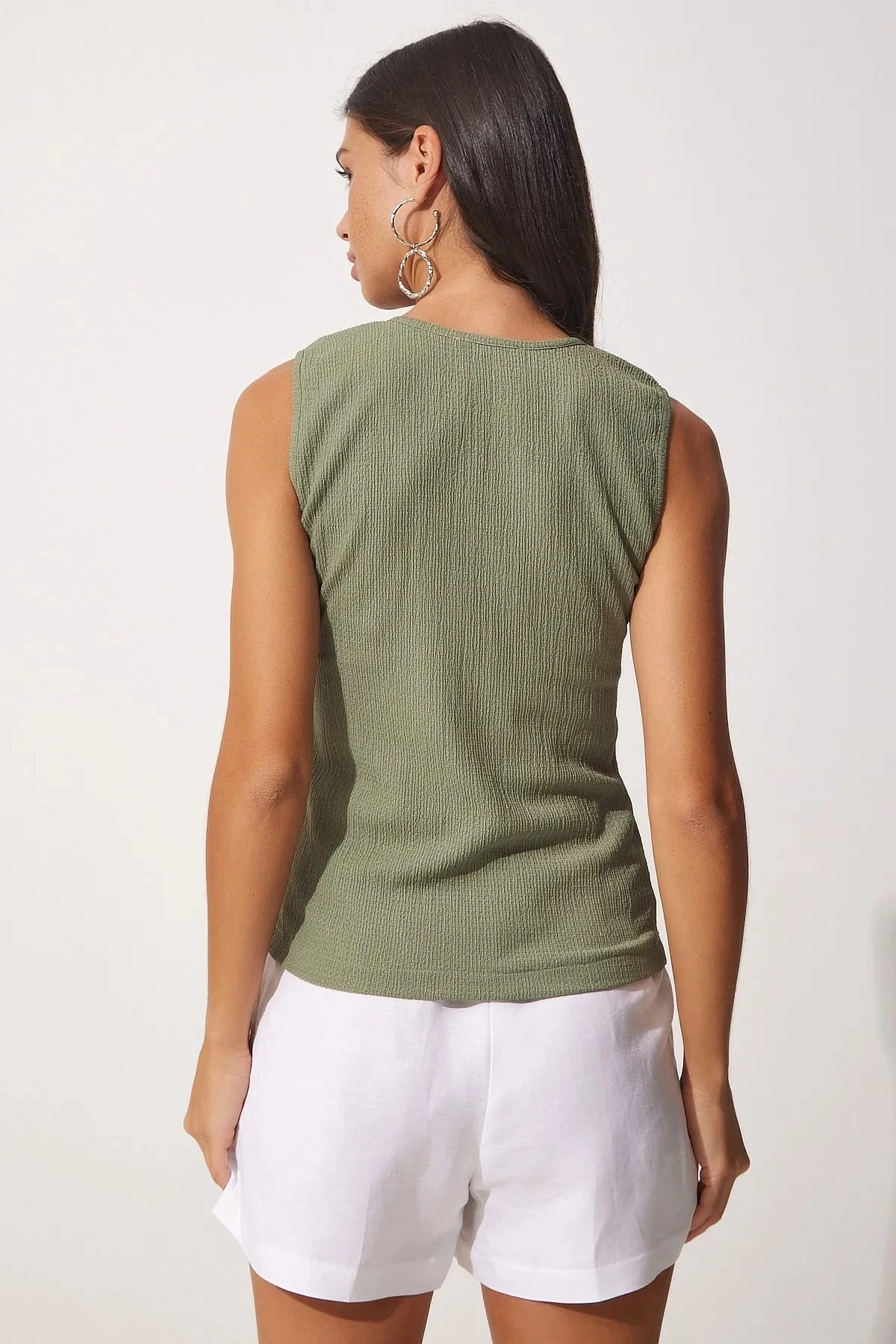 Kadın Haki Kare Yaka Örme Bluz HZL23S-BD104761