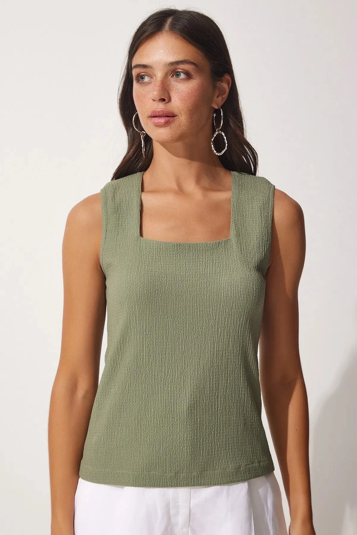 Kadın Haki Kare Yaka Örme Bluz HZL23S-BD104761