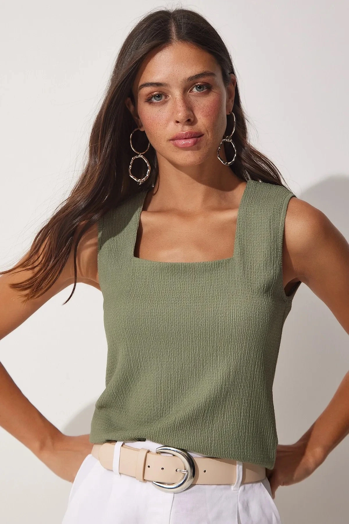 Kadın Haki Kare Yaka Örme Bluz HZL23S-BD104761