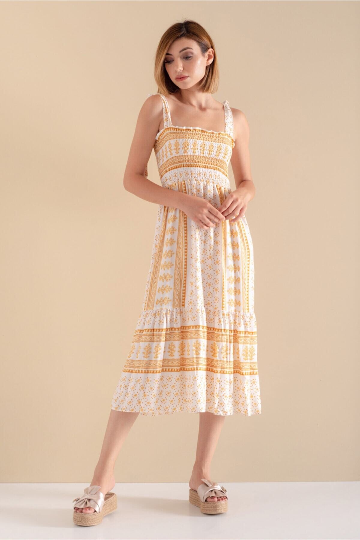 Kadın Hardal Bağlamalı Askılı Desenli Yazlık Viskon Elbise HZL21S-2239