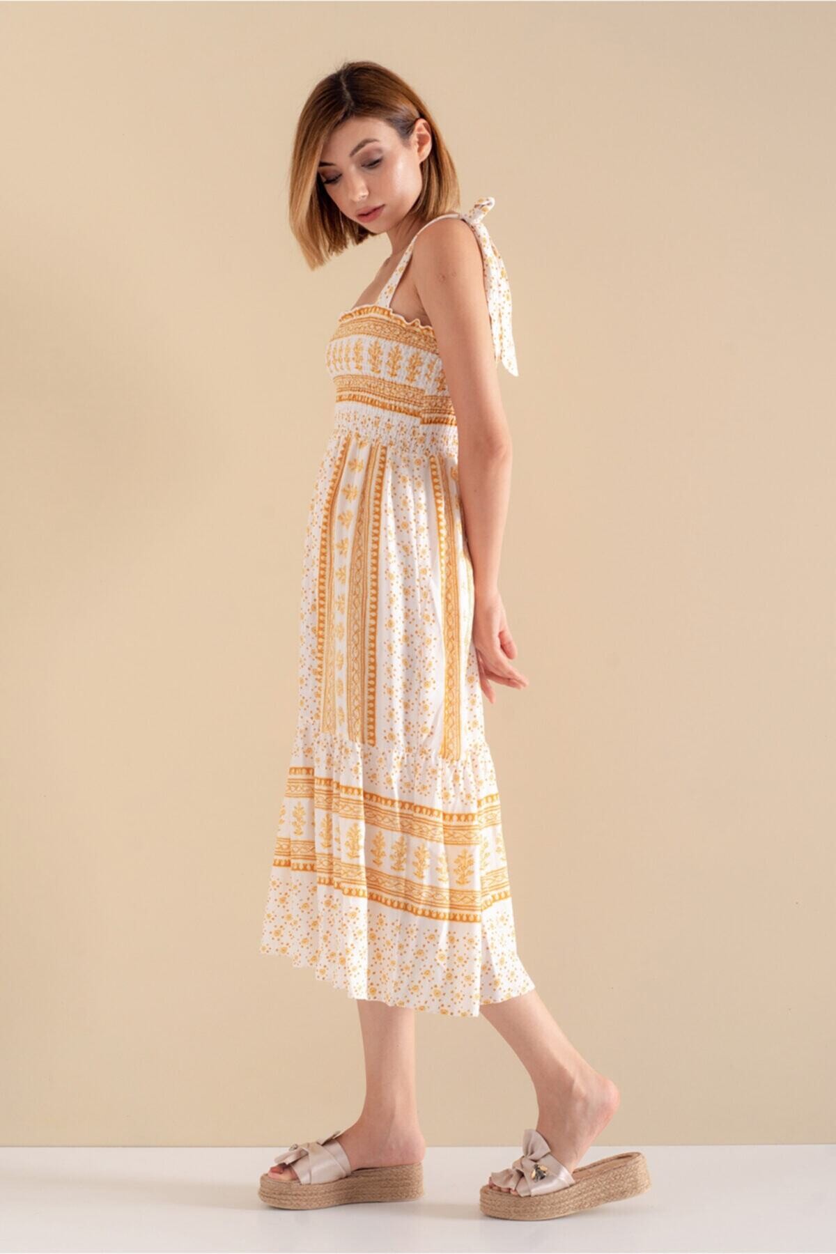 Kadın Hardal Bağlamalı Askılı Desenli Yazlık Viskon Elbise HZL21S-2239