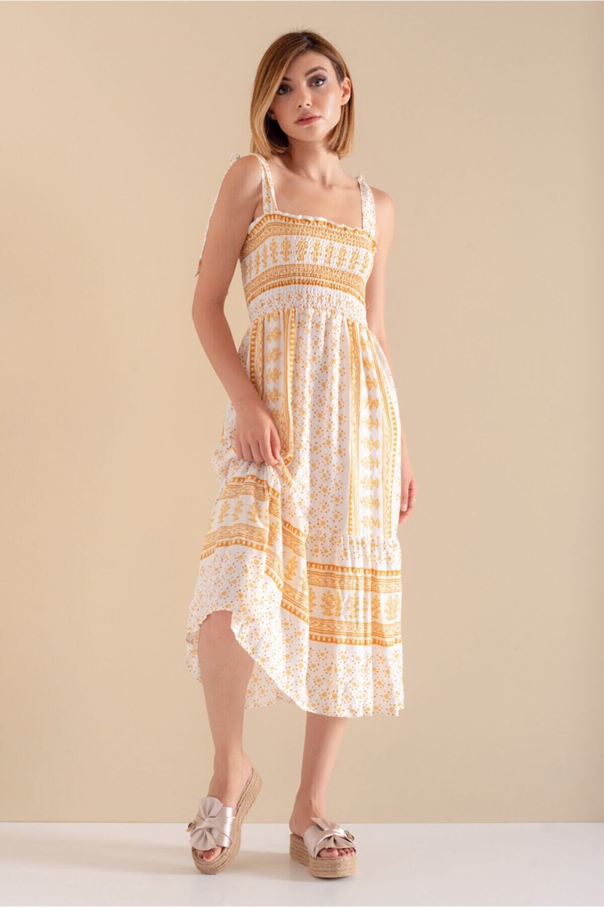 Kadın Hardal Bağlamalı Askılı Desenli Yazlık Viskon Elbise HZL21S-2239