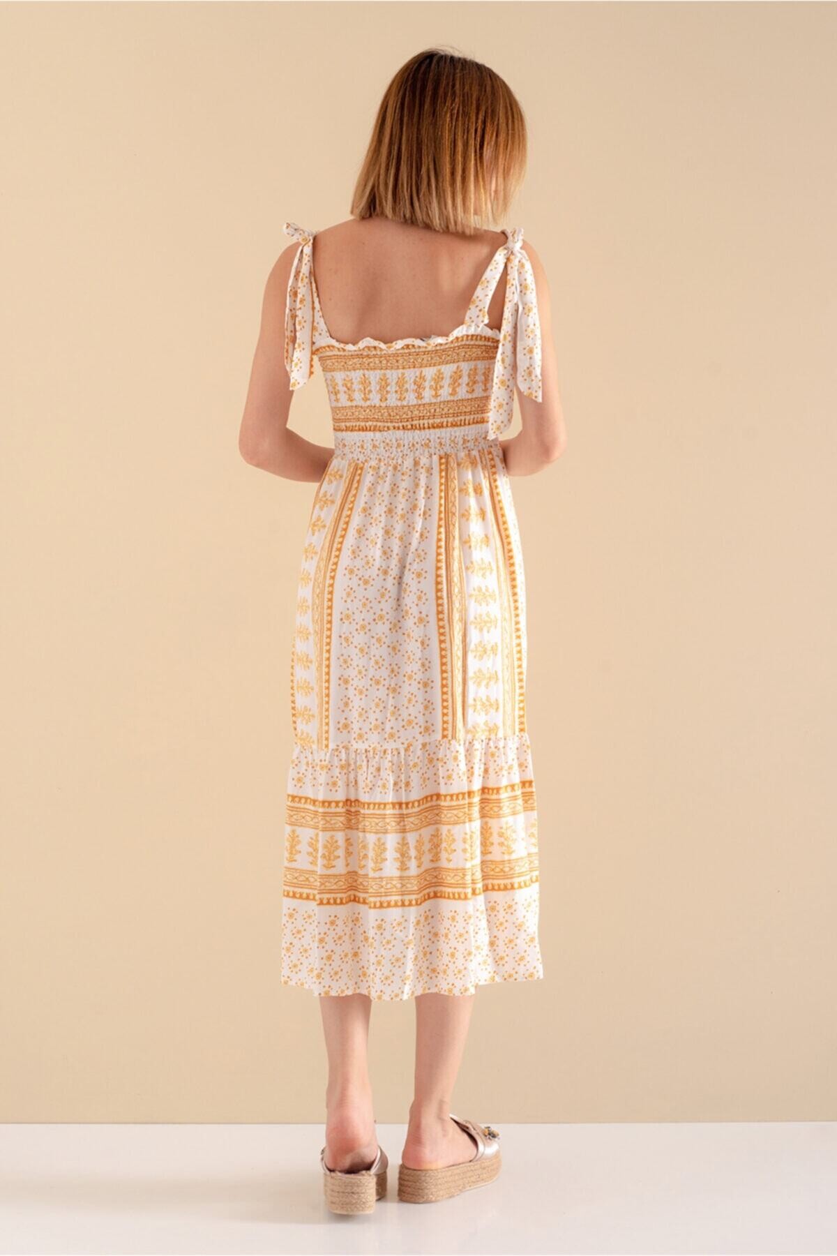 Kadın Hardal Bağlamalı Askılı Desenli Yazlık Viskon Elbise HZL21S-2239