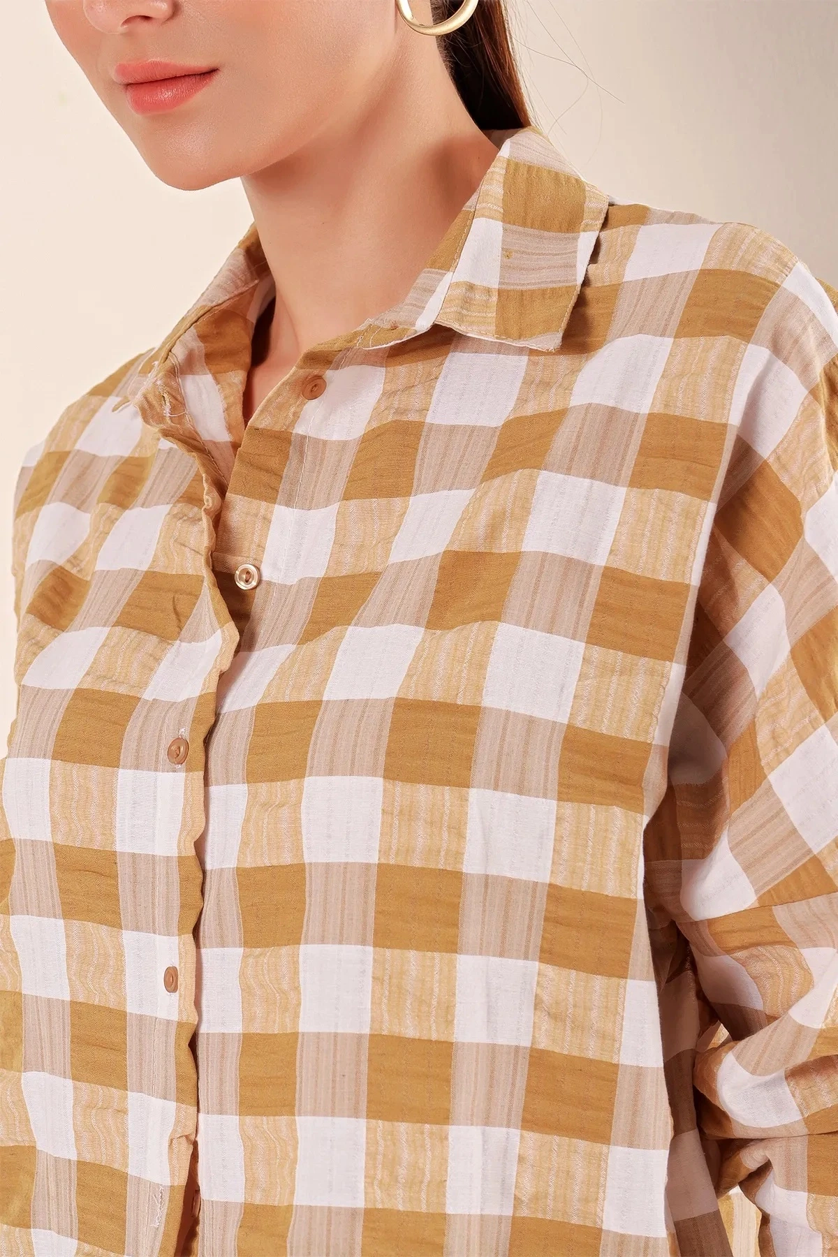 Kadın Hardal Beyaz Ekose Gömlek HZL22W-BD1201451