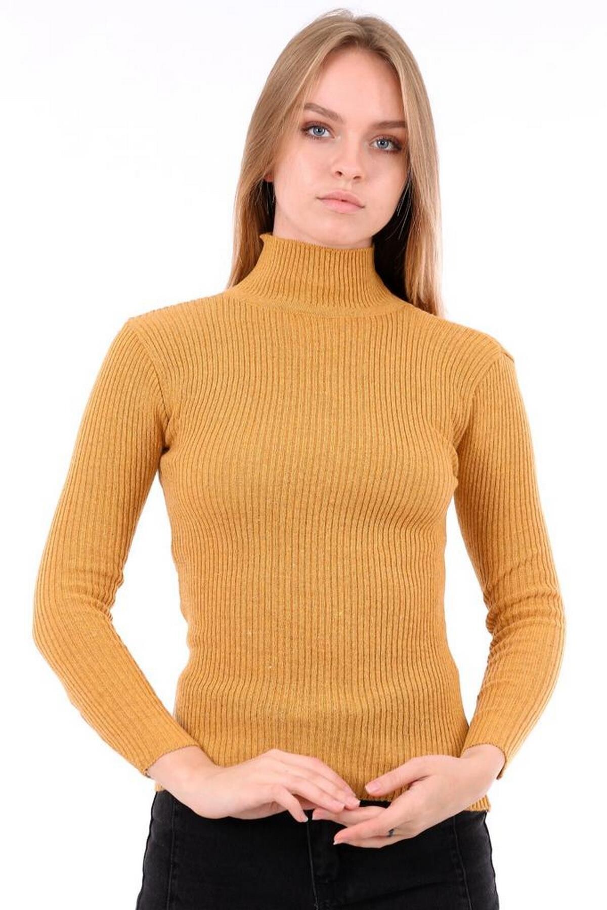 Kadın Hardal Boğazlı Fitilli Triko Kazak HZL22W-H100011