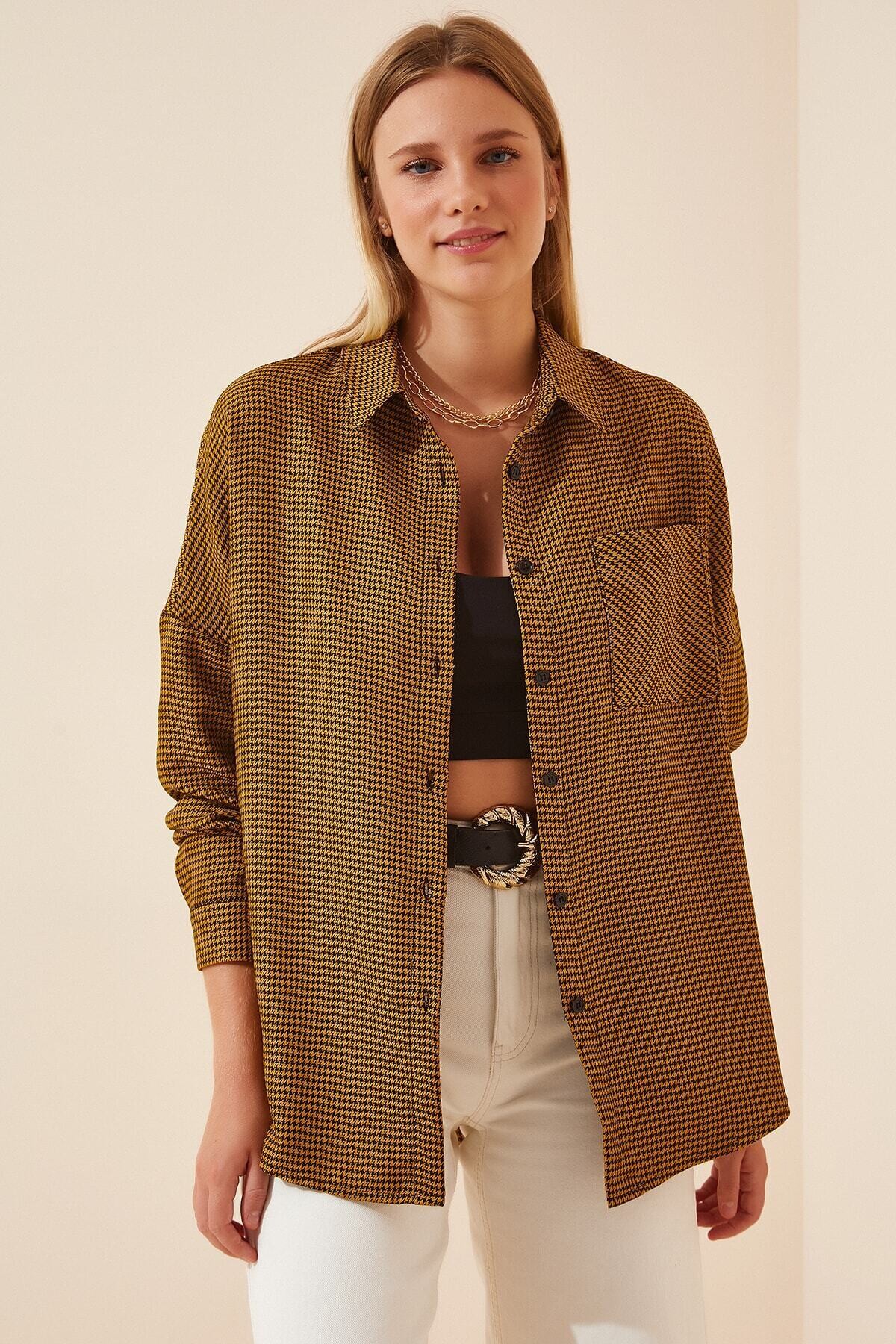 Kadın Hardal Kareli Oversize Gömlek HZL22W-BD1236