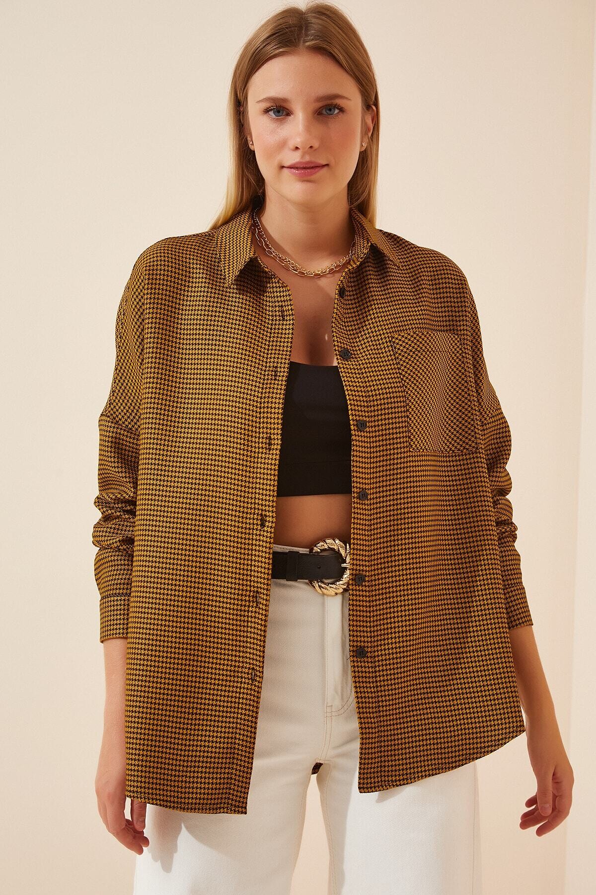 Kadın Hardal Kareli Oversize Gömlek HZL22W-BD1236