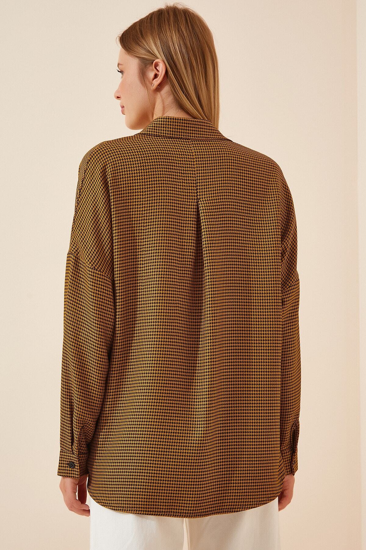 Kadın Hardal Kareli Oversize Gömlek HZL22W-BD1236