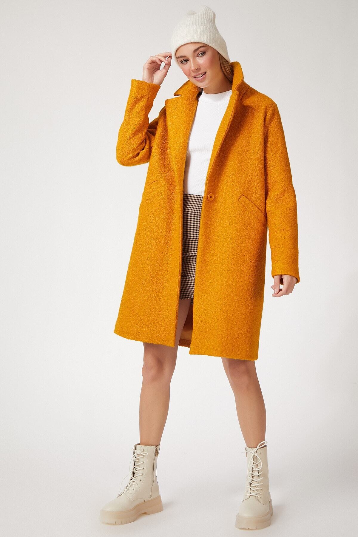 Kadın Hardal Tek Düğmeli Çift Cepli Astarlı Buklet Kaşe Kaban HZL22W-BD190821