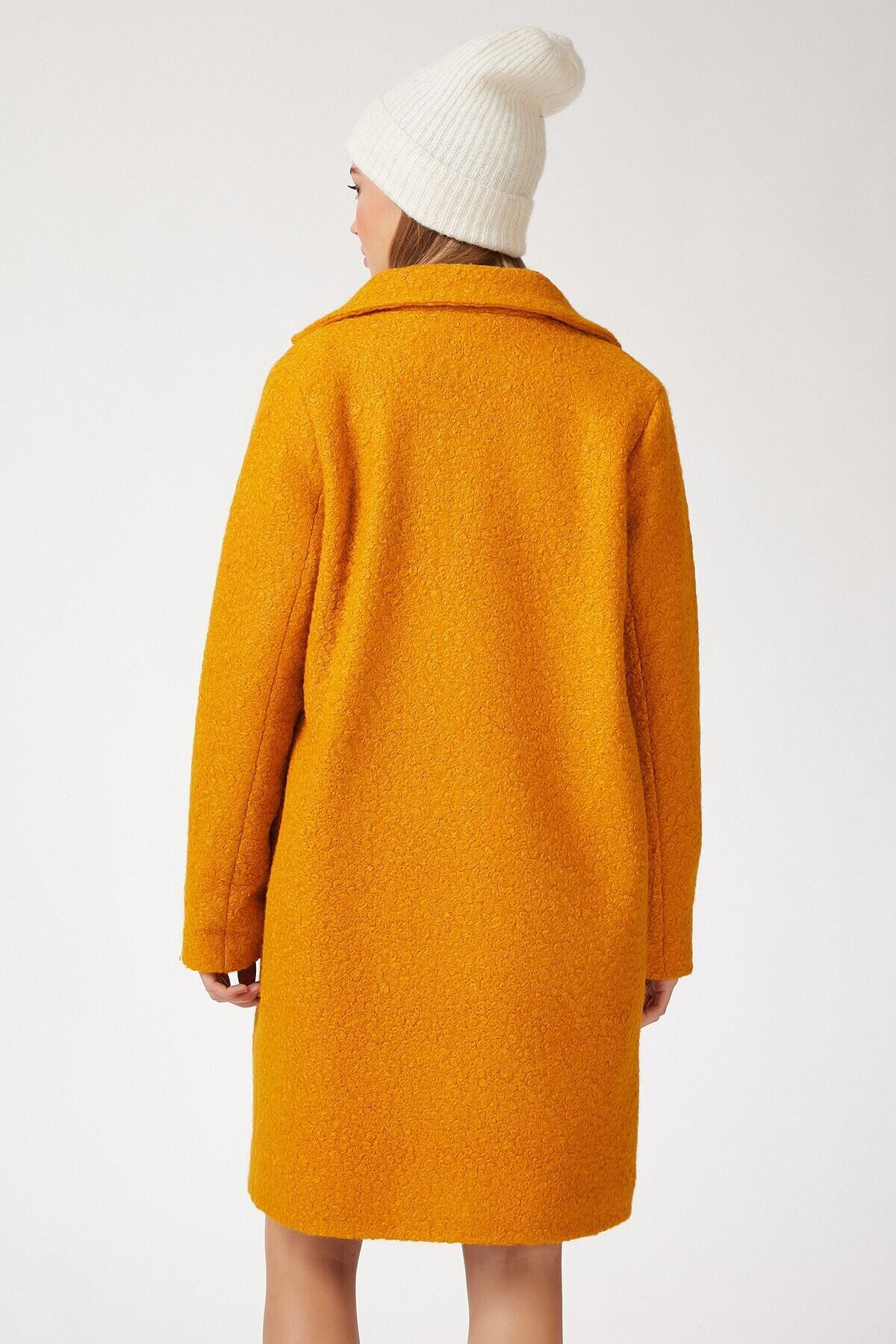 Kadın Hardal Tek Düğmeli Çift Cepli Astarlı Buklet Kaşe Kaban HZL22W-BD190821