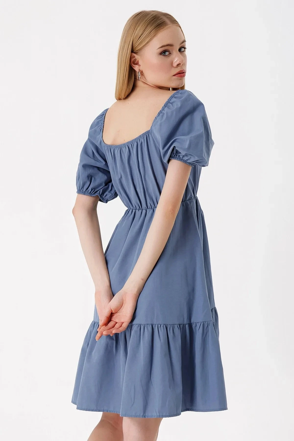 Kadın İndigo Büzgülü Yaka Lastikli Bel Kloş Poplin Elbise HZL22S-BD123511