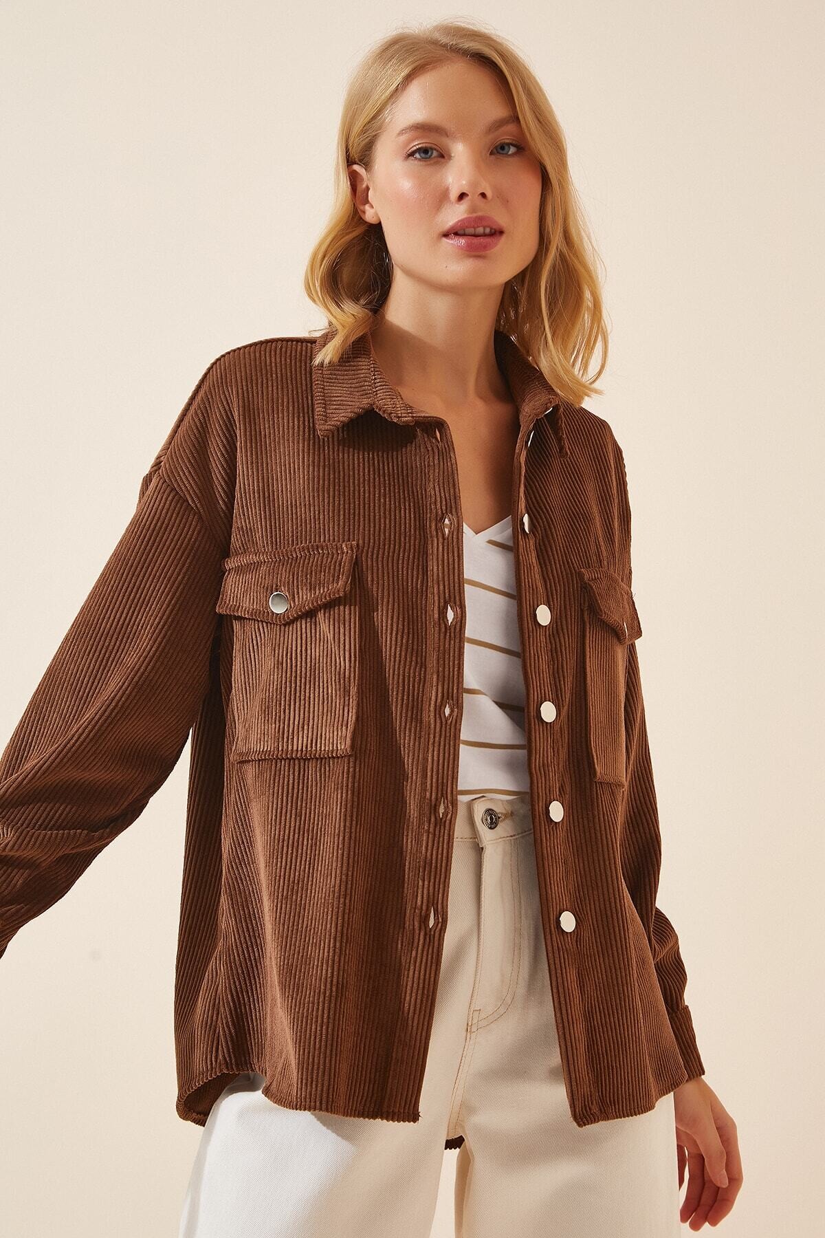 Kadın Kahverengi Kadife Hafif Oversize Şık Gömlek HZL23W-BD138651