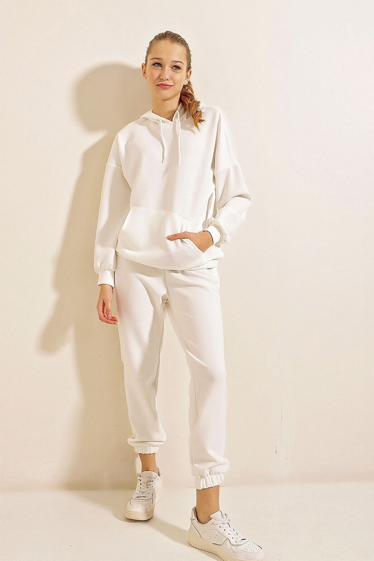 Kadın Kemik Kapüşonlu Kanguru Cepli Bileği Lastikli Eşofman Takımı HZL22w-BD1553771