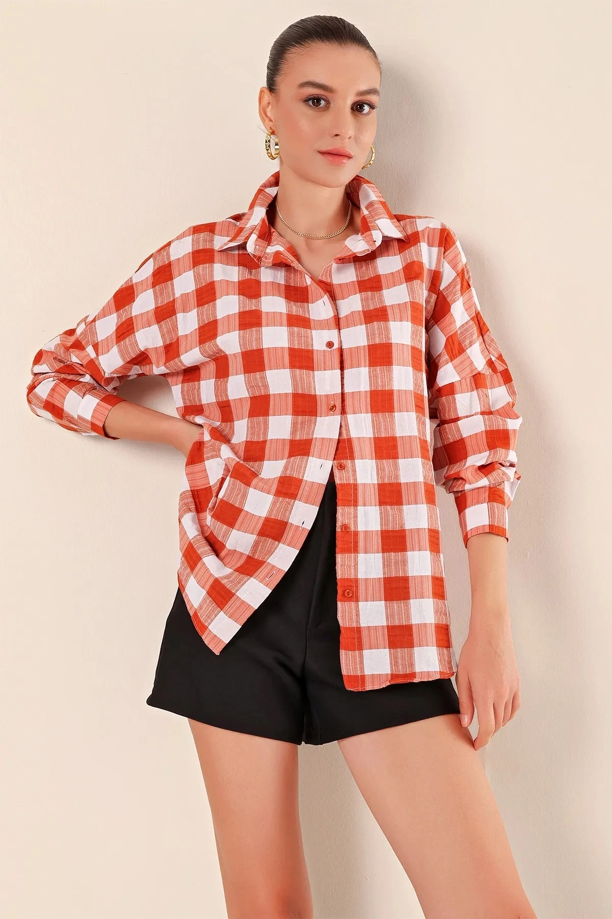 Kadın Kiremit Beyaz Ekose Gömlek HZL22W-BD1201451